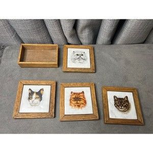 Cat Ceramic Wood Framed Tile Derick Bown Artist Signed Coasters Lot Of 4